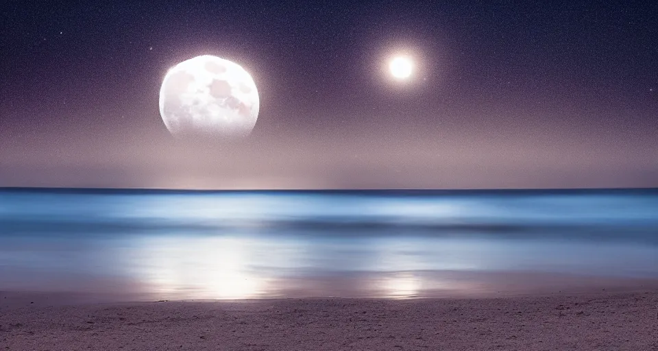 Prompt: huge moon gleaming over the beach shore line, nighttime, black sky, water reflection, waves, dslr, 4 k, flickr, high quality