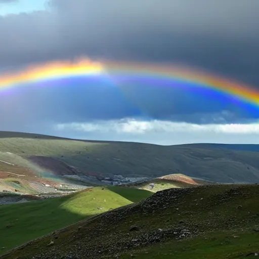 Prompt: look out across the windswept hills, with rainbow hues, with misty blues, across the valleys, lakes and rills, where landscapes fuse, where eyes peruse. glass mosaic