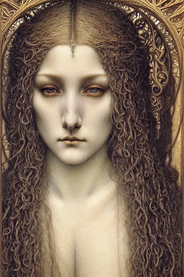 Image similar to detailed realistic beautiful young medieval queen face portrait by jean delville, gustave dore and marco mazzoni, art nouveau, symbolist, visionary, gothic, pre - raphaelite. horizontal symmetry