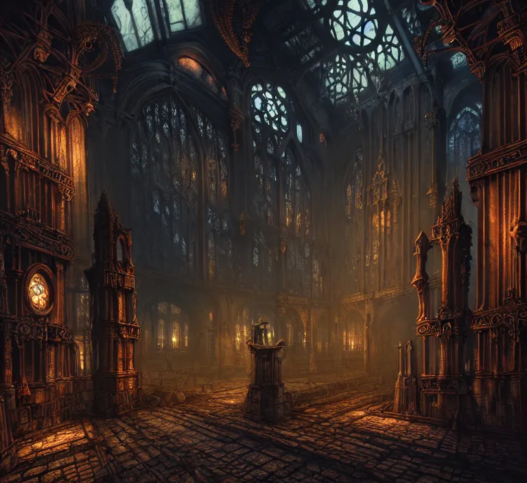 Image similar to steam necropolis, memento mori, gothic, neo - gothic, art nouveau, hyperdetailed copper patina medieval icon, stefan morrell, philippe druillet, ralph mcquarrie, concept art, steampunk, unreal engine, detailed intricate environment, octane render, moody atmospherics, volumetric lighting, ultrasharp, ominous, otherworldly