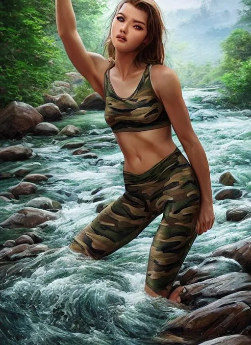 Prompt: photo of a gorgeous young woman with camouflage , climbing a river in the style of stefan kostic, realistic, sharp focus, 8k high definition, insanely detailed, intricate, elegant, art by stanley lau and artgerm