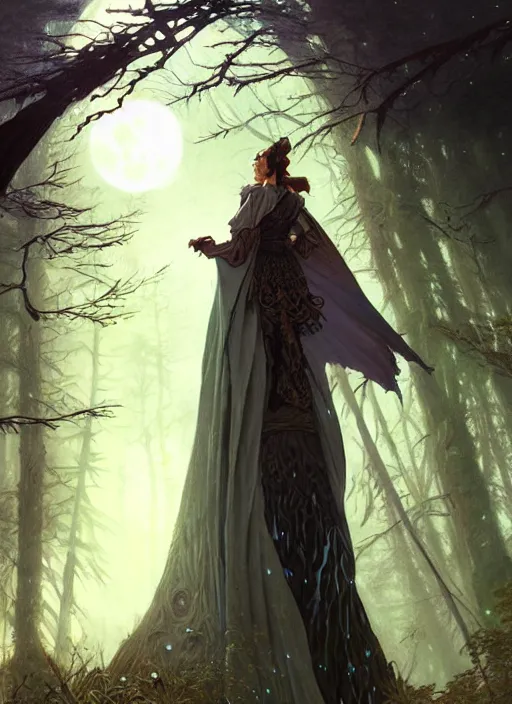 Image similar to full moon, adventurer outfit large cloak, fantasy forest landscape, dragon scales, fantasy magic, dark light night, intricate, elegant, sharp focus, illustration, highly detailed, digital painting, concept art, matte, art by WLOP and Artgerm and Greg Rutkowski and Alphonse Mucha, masterpiece