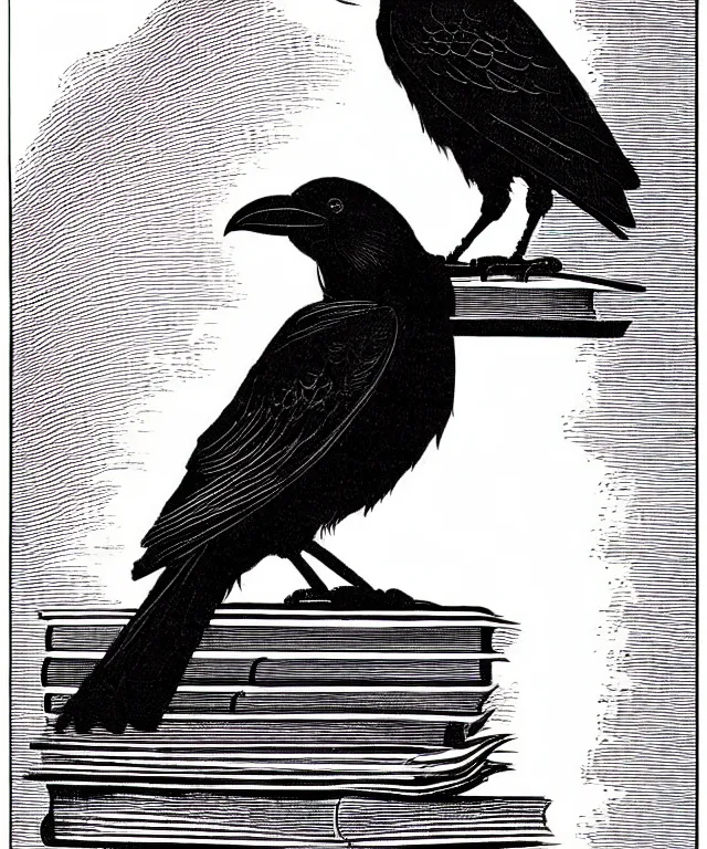 Prompt: crow perched on top of a stack of books, art by james o barr and albrecht durer, woodblock print, engraved, black and white, vector, vector art