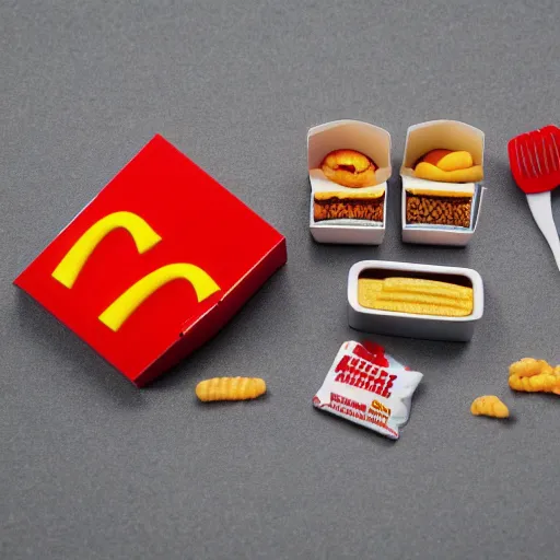 Image similar to macro photography of ho scale miniature mcdonalds happy meal box