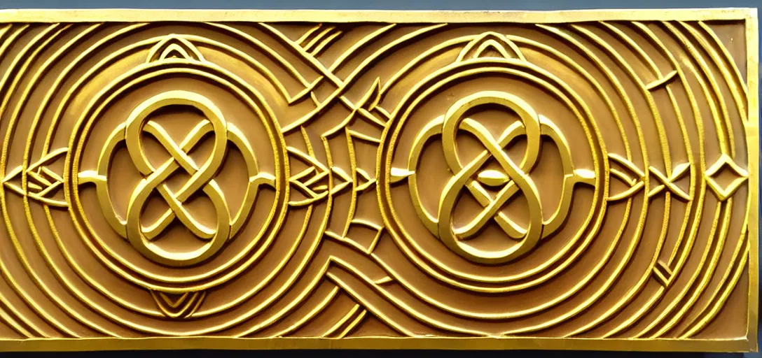 Image similar to ornate bold high - relief deep carving of infinity symbols on a gold panel, art deco