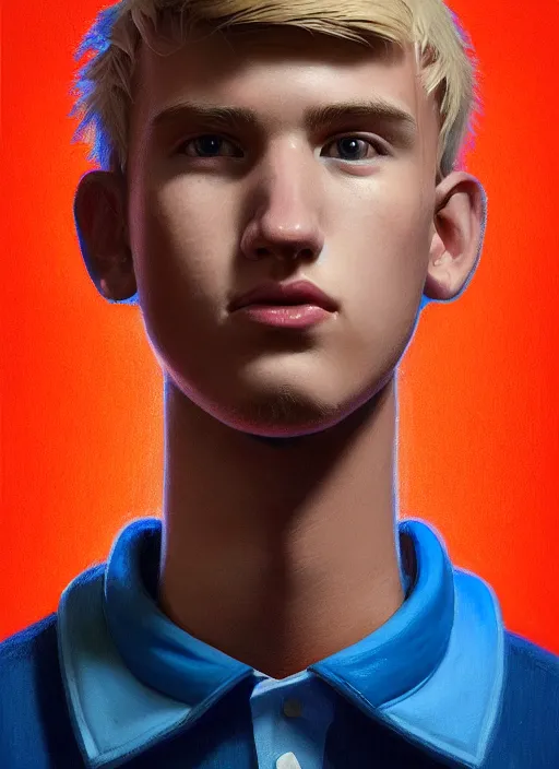 Image similar to portrait of high school senior boy named big moose, blonde short hair, jock, beefy, wide face, square jaw, square facial structure, blue varsity jacket with letter r, intricate, elegant, glowing lights, highly detailed, digital painting, artstation, concept art, sharp focus, illustration, art by wlop, mars ravelo and greg rutkowski