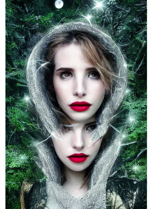 Image similar to glowing silver and golden elements, full close-up portrait, mixture of Emma Roberts, Sairone Miller, Elizabeth Brown Millerstone and Ryan Gosling as a dark witch, book cover, green forest, white moon, red lips, establishing shot, extremly high detail, photo-realistic, cinematic lighting, pen and ink, intricate line drawings, by Yoshitaka Amano, Ruan Jia, Kentaro Miura, Artgerm, post processed, concept art, artstation, matte painting, style by eddie mendoza, raphael lacoste, alex ross