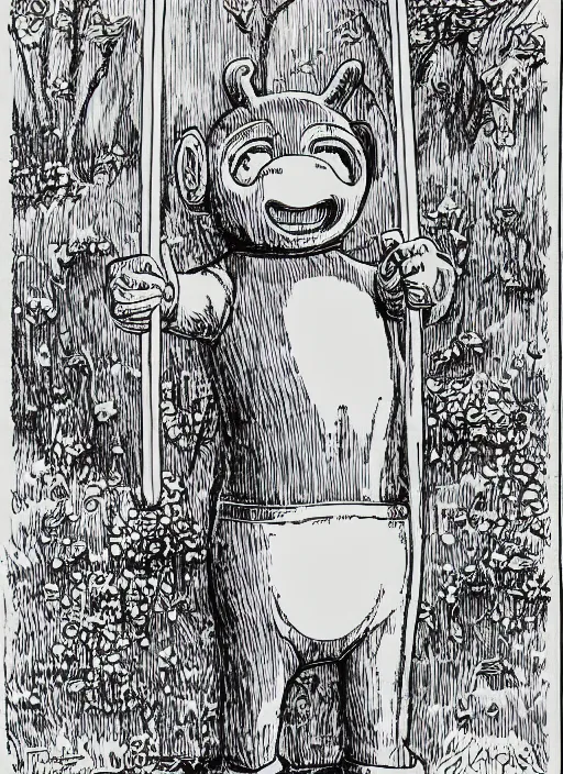 Image similar to tinky winky the teletubbie, full body, pen-and-ink illustration, etching, by Russ Nicholson, DAvid A Trampier, larry elmore, 1981, HQ scan, intricate details, Monster Manula, Fiend Folio