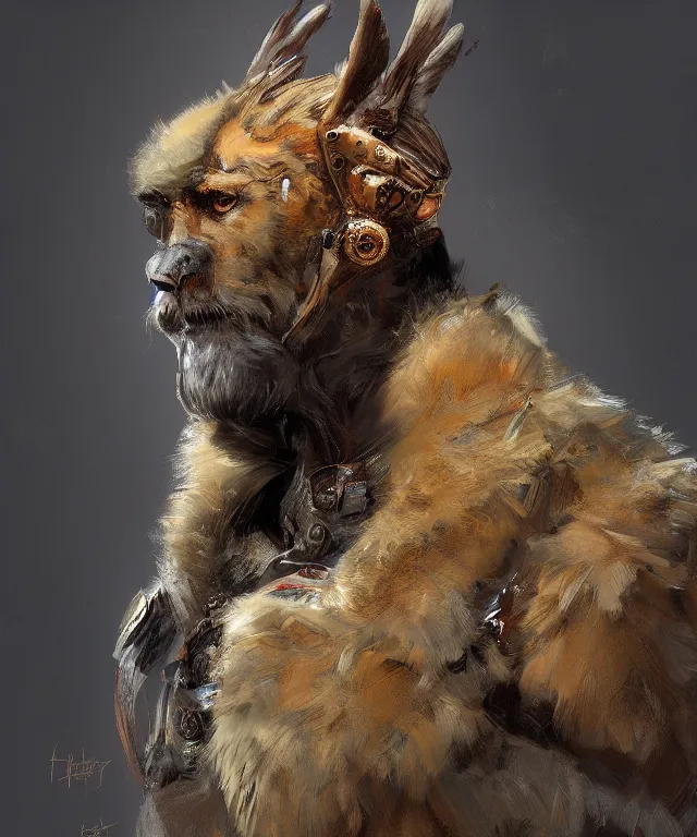 Prompt: beautiful painting of a mascular hunter with fur clothing, intricate and detailed,, trending on deviantart and artstation, wlop, craig mullins, henry ascensio