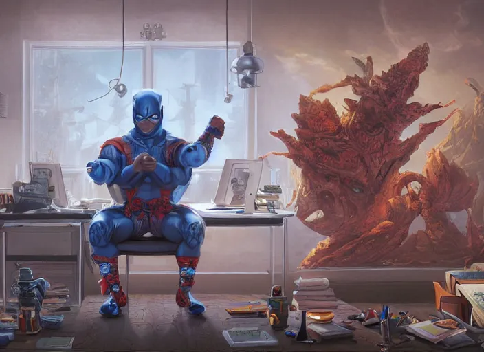 Image similar to an insanely detailed painting of an asian man wearing a homemade superhero costume, sitting at a desk, staring seriously at the computer and typing, in the style of peter mohrbacher, james jean, artgerm, dramatic lighting and composition, surreal background, octane render, pixar, trending on artstation, concept art, comic book, view from behind, 8 k