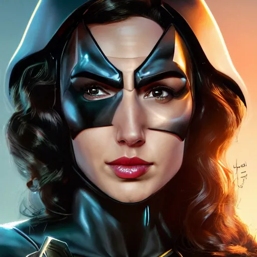 Image similar to a close up face of gal gadot as batgirl, by Zack Snyder, Christoper Nolan, Stanley Artgerm Lau, WLOP, Rossdraws, James Jean, Andrei Riabovitchev, Marc Simonetti, Yoshitaka Amano, ArtStation, CGSociety, Full body shot