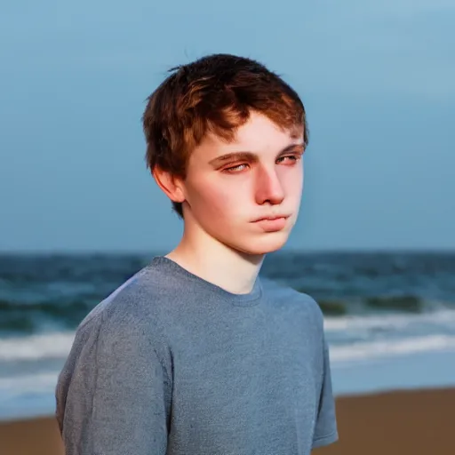 Image similar to Portrait of a sad looking teenage boy, around 20 yo, natural brown hair and smooth pale skin. Beach background. Award winning photograph.