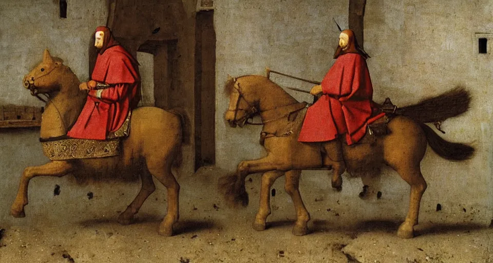 Image similar to a knight riding a wooden horse, medieval painting by Jan van Eyck, Johannes Vermeer