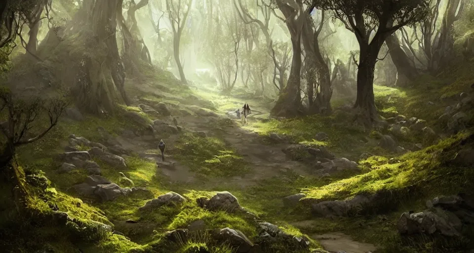 Image similar to Beautiful uplifting glade bg. Elven stone monuments along the pathway. J.R.R. Tolkien's Middle-Earth. Trending on Artstation. Digital illustration. Artwork by Darek Zabrocki and Sylvain Sarrailh. Concept art, Concept Design, Illustration, Marketing Illustration, 3ds Max, Blender, Keyshot, Unreal Engine, ZBrush, 3DCoat, World Machine, SpeedTree, 3D Modelling, Digital Painting, Matte Painting, Character Design, Environment Design, Game Design, After Effects, Maya, Photoshop.