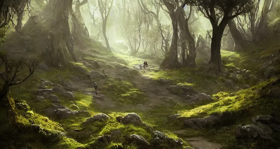 Prompt: Beautiful uplifting glade bg. Elven stone monuments along the pathway. J.R.R. Tolkien's Middle-Earth. Trending on Artstation. Digital illustration. Artwork by Darek Zabrocki and Sylvain Sarrailh. Concept art, Concept Design, Illustration, Marketing Illustration, 3ds Max, Blender, Keyshot, Unreal Engine, ZBrush, 3DCoat, World Machine, SpeedTree, 3D Modelling, Digital Painting, Matte Painting, Character Design, Environment Design, Game Design, After Effects, Maya, Photoshop.