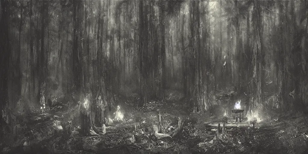 Image similar to bohemian grove in the woods, ominous atmosphere, dark environment, torches source of orange light. art by artem demura