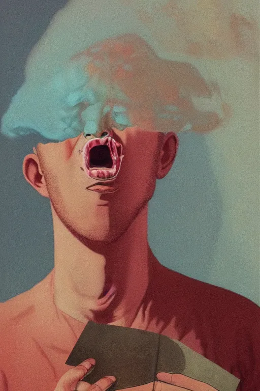 Image similar to a closeup portrait of a young icelandic man licking a blotter paper of LSD acid on his tongue and dreaming psychedelic hallucinations, by kawase hasui, moebius, Edward Hopper and James Gilleard, Zdzislaw Beksinski, Steven Outram colorful flat surreal design, hd, 8k, artstation