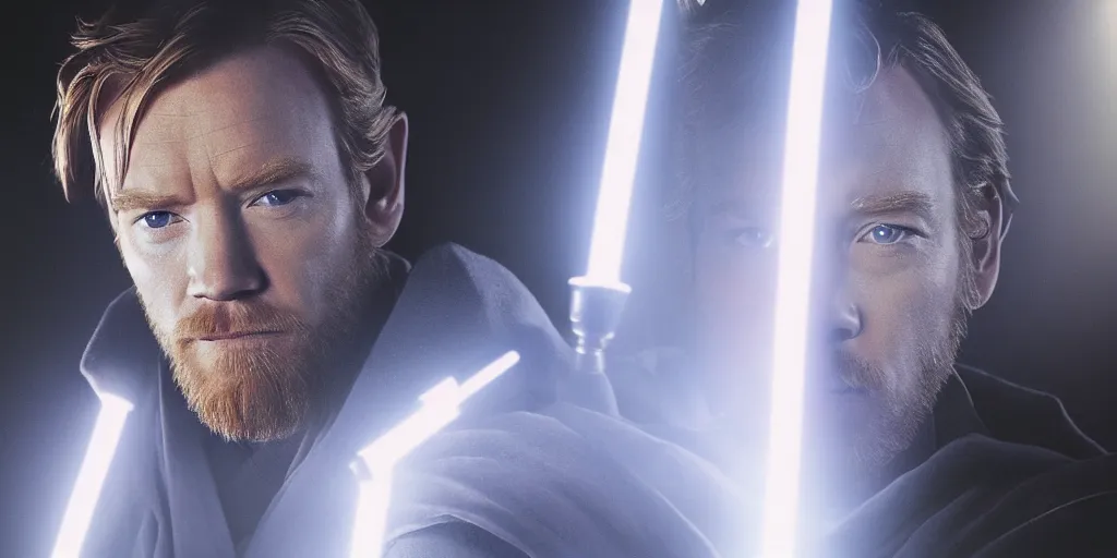 Prompt: obi wan kenobi ewan mcgregor tv show, art by luke mcmullan, lighting, illumination, clear, painting, art, futuristic, raytracting, dark, contrast, sharp focus, smooth, environment, star wars