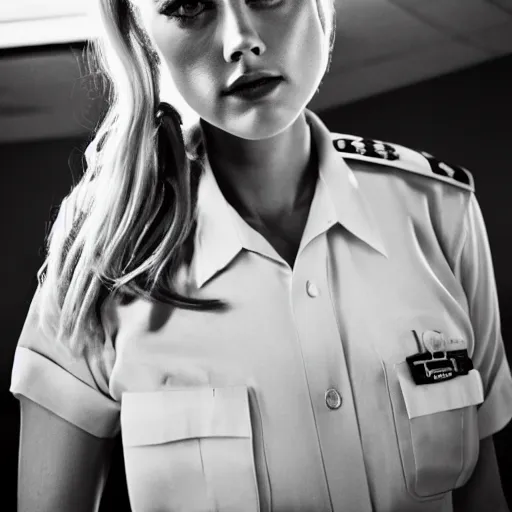 Image similar to amber heard in prison uniform handcuffed, ultra realistic, canon 3 5 mm portrait photography, 8 k