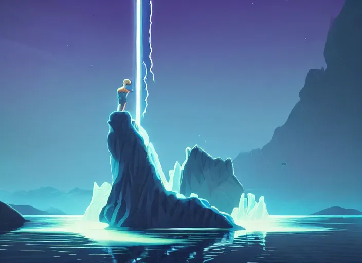 Image similar to a luminescent lightning sword in a lake by paolo eleuteri serpieri and tomer hanuka and chesley bonestell and daniel merriam and tomokazu matsuyama, unreal engine, high resolution render, featured on artstation, octane, 8 k, highly intricate details, vivid colors, vector illustration