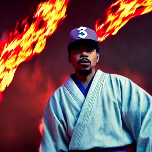 Image similar to cinematic film still of Chance The Rapper starring as a Samurai holding fire, Japanese CGI, VFX, 2022, 40mm lens, shallow depth of field, film photography