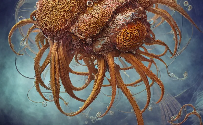 Image similar to sci - fi biomechanical, mandelbulb 3 d, colored, unreal engine, fractal flame, monster character design, fantasy. intricate jellyfish crab eagle lizard biomechanical. by ernst haeckel