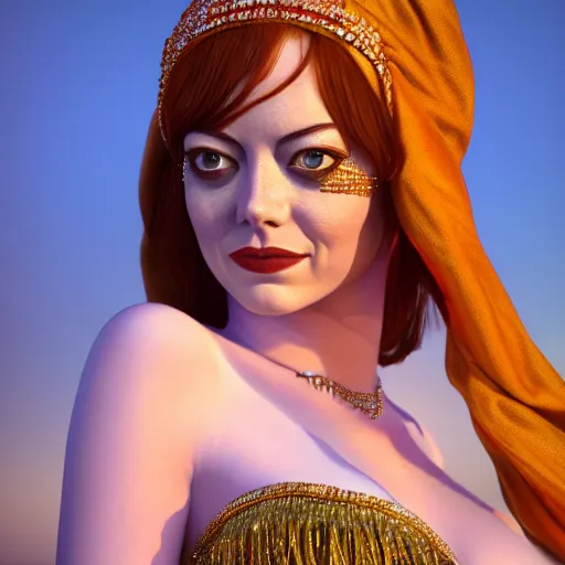 Image similar to a close up portrait of emma stone, she is dressed as a belly dancer,, arabian night, in focus sharp face with fine details, her fingers by albrecht durer, volumetric lightening, octane render, high quality, fully detailed, 4 k, alphonse mucha, masterpiece, stunning