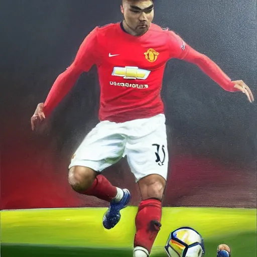 Prompt: masterful oil painting of carlos casemiro as a manchester united player