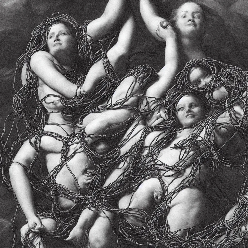 Image similar to a woman entangled in the thick black cables in the style of the laocoon of the vatican