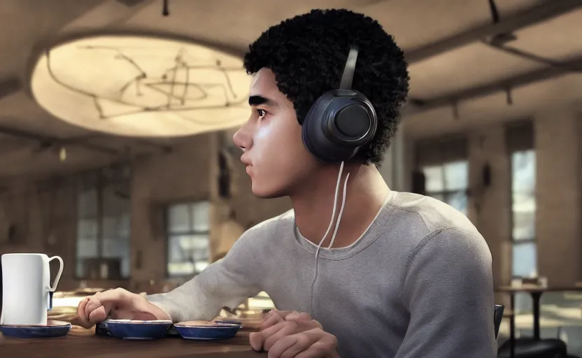 Image similar to a male teenager with headphones in a cafe sitting in front of a table with a coffee, digital painting, masterpiece, digital art, concept art, octane render, unreal engine 5, trending on deviantart, highly detailed, high quality, 4 k, cartoon, high coherence, realistic, anatomically correct, five fingers, relaxing, realistic and detailed face, beautiful, elegant