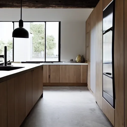 Image similar to luxury bespoke kitchen design, modern rustic, Japanese and Scandinavian influences, understated aesthetic, innovative materials and texture, by Roundhouse Design and Charles Yorke and Davonport