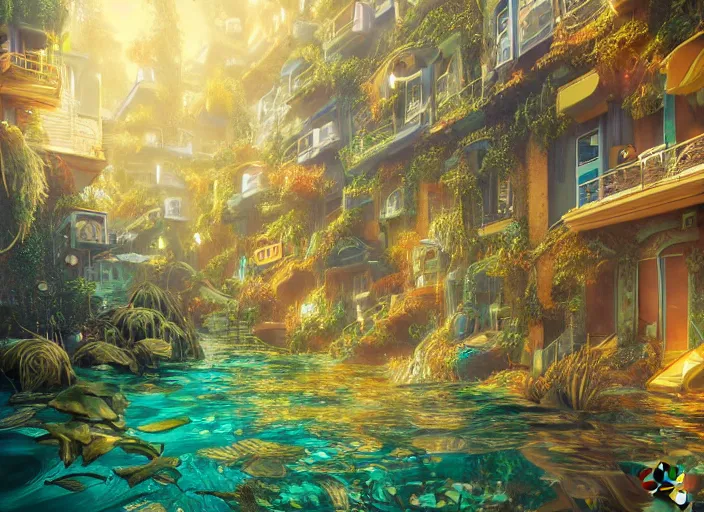 Prompt: foliage in art nouveau favela, underwater environment, borealis, scenery, professional, award - winning, trending on artstation, hyper detailed, realistic, beautiful, emotional, shiny, golden, picture