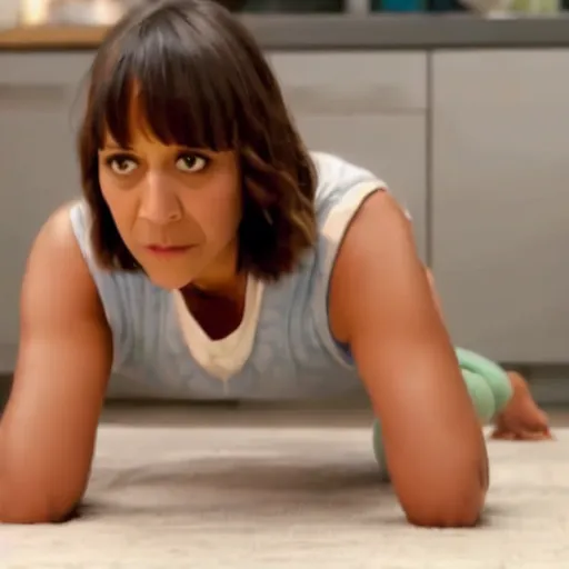 Prompt: photo of Rashida Jones doing the downward dog pose in the Citibank ad