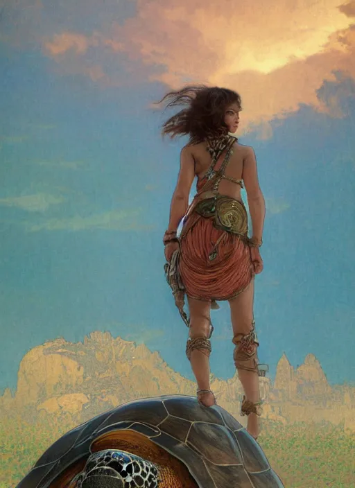 Image similar to a little warrior girl standing on top of one giant turtle walking in the desert. the girl has dark skin and beautiful green eyes, realistic full body and a very beautiful detailed symmetrical face with long black hair. diffuse light, dramatic sky and landscape, long shot fantasy illustration by mucha