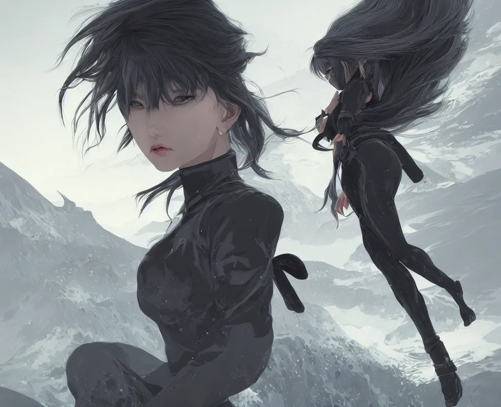 Prompt: portrait ninja gaiden girl, black plus little green ninja wardrobe, grey hair, at storm snowy fuji mountain sunrise, ssci - fi and fantasy, intricate and very very beautiful, detailed, digital painting, artstation, concept art, smooth and sharp focus, illustration, art by tian zi and wlop and alphonse mucha
