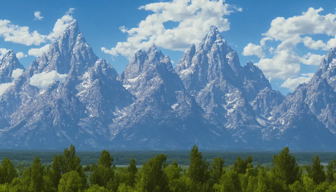 Image similar to view of the Grand Teton mountains in Studio Ghibli style, 4k