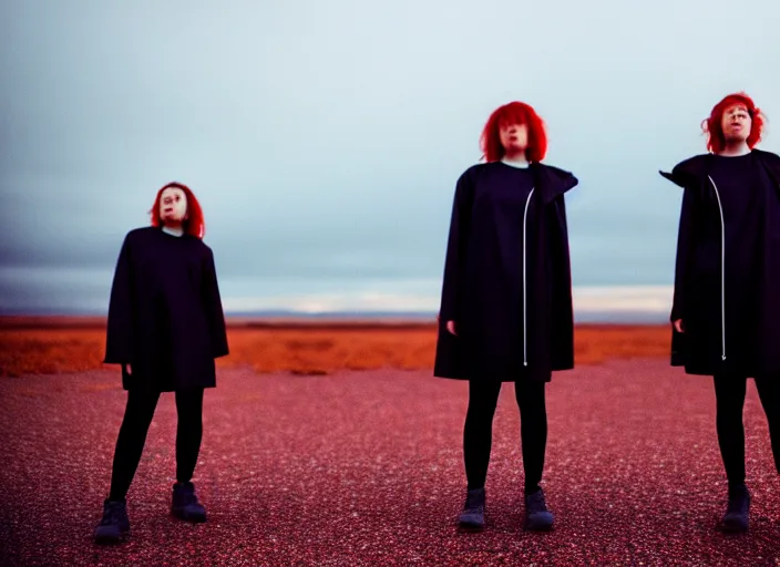 Image similar to cinestill 5 0 d closeup photographic portrait of two clones in front of a brutalist metal building, techwear women, on a desolate plain, red sky, black oversized clothes, depth of field, 4 k, 8 k, hd, full color