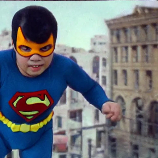 Image similar to pepon nieto as a superhero saving a young boy