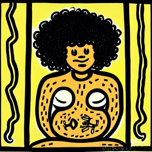 Image similar to a black woman with curly hair, pregnant, by keith harring, intricate details