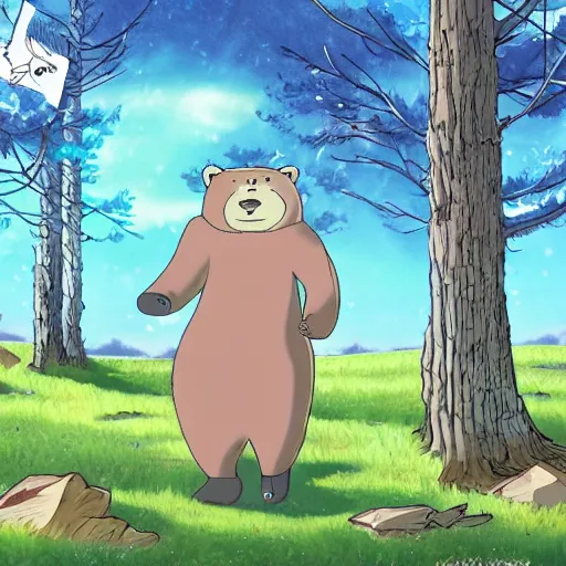 Image similar to a Finnish cartoon, about a bear who lives in the woods, anime style, Finnish cartoon