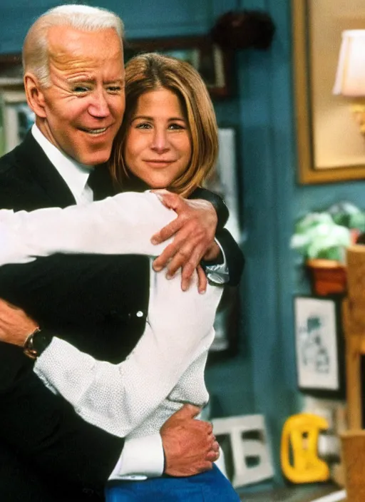 Image similar to film still of joe biden hugging rachel green in the show friends