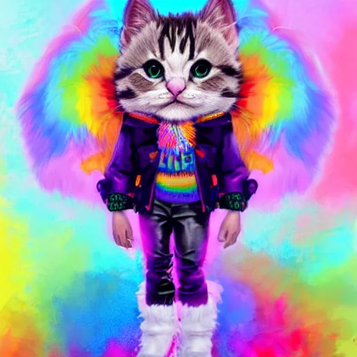 Image similar to wide angle full body, jacket wearing fluffy cute rainbow kitten wearing a black leather motorcycle jacket, concept art