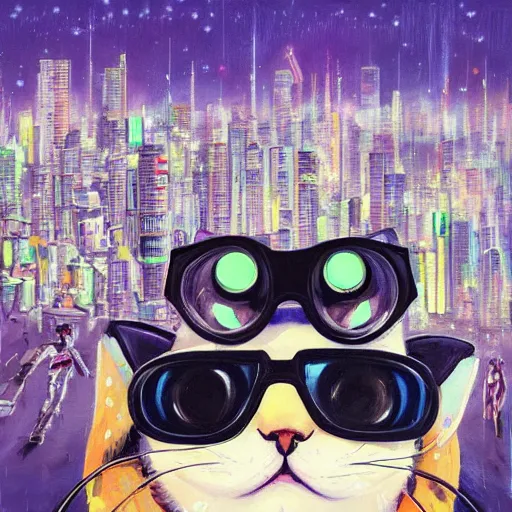 Image similar to a painting of a cat wearing goggles with a city in the background, cyberpunk art by hikari shimoda, trending on artstation, panfuturism, dystopian art, circuitry, sci - fi