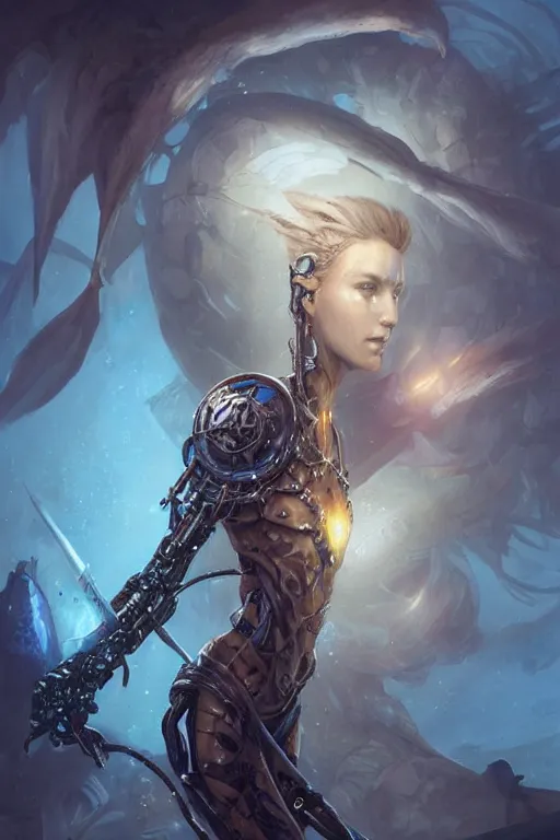 Image similar to merfolk fighter, cybernetic eye, prosthetic leg, artificer, highly detailed, d & d, fantasy, portrait, highly detailed, headshot, digital painting, trending on artstation, concept art, sharp focus, illustration, art by artgerm and greg rutkowski and magali villeneuve