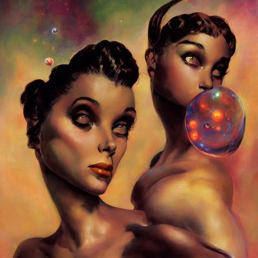 Image similar to close - up portrait painting of an elegantly beautiful alien woman with big eyes, by frank frazetta and norman rockwell. cosmic glowing bubbles. muted colors, soft gradients. dark background. trending on artstation. retrofuturism.