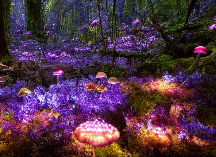 Prompt: glowing delicate flower and mushrooms that grow in a dark fatansy forest on the planet Pandora,