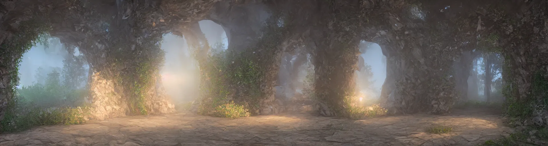 Image similar to oil painting of the entrance to ethereal realm, rendered in unreal engine, central composition