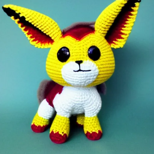 Prompt: rainbow coloured crochet eevee from pokemon