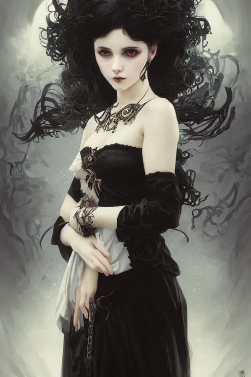 Image similar to portrait of radical lolita girl, dreamy and ethereal, dark eyes, peaceful expression, ornate goth dress, dark fantasy, chaotic, elegant, black crows flying, highly detailed, digital painting, artstation, concept art, smooth, sharp focus, illustration, art by artgerm and greg rutkowski and alphonse mucha