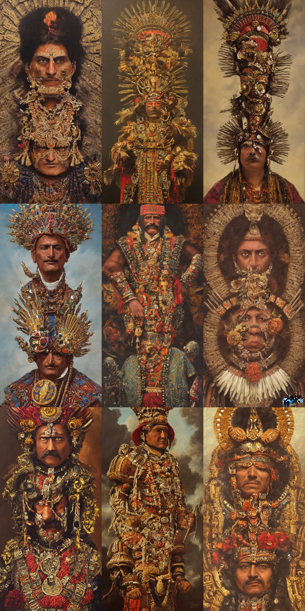 Prompt: a highly detailed romantic period style oil painting of the Aztec emperor Montezuma by Josep Tapiró Baró, trending on artstation, masterpiece, symmetry, fractals, Aztec iconography